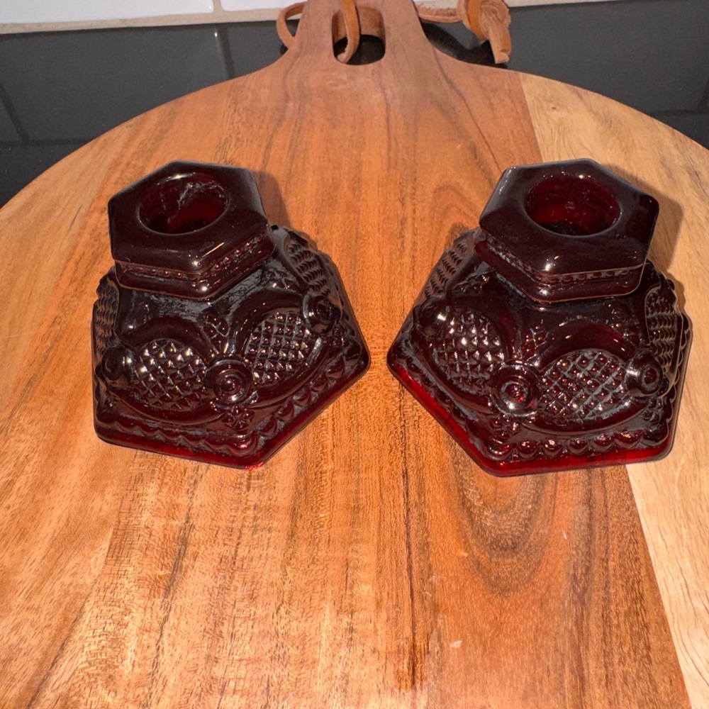 Vintage-Avon Ruby Red Glass Candle Holders - Pair